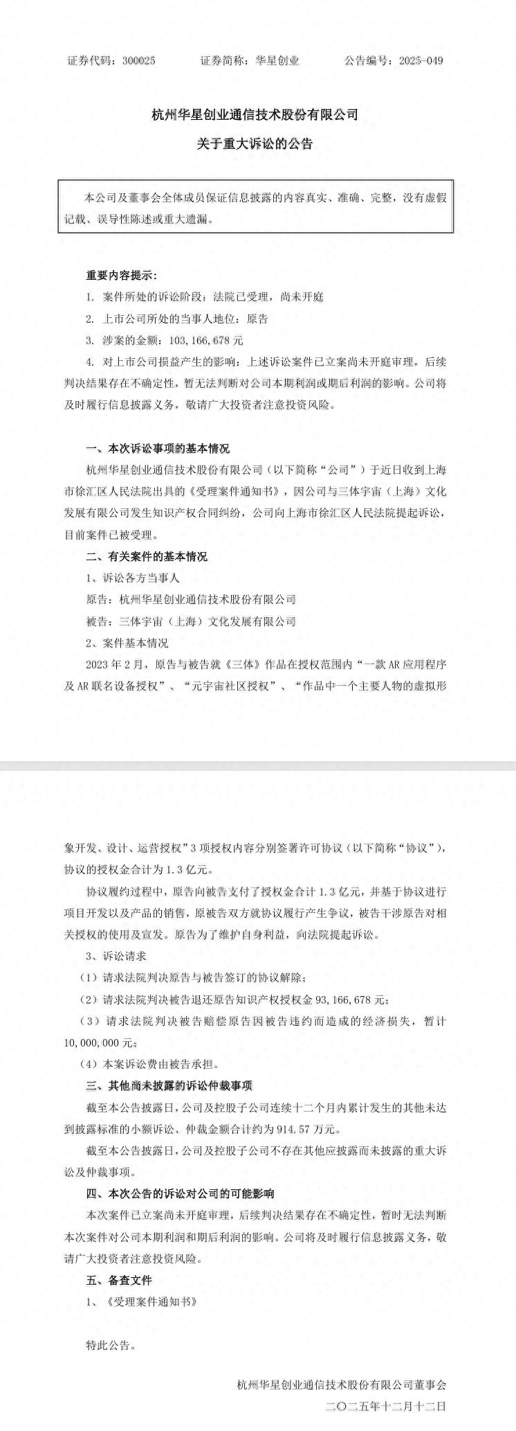 _涉案1.03亿元,华星创业因知识产权合同纠纷起诉三体宇宙_涉案1.03亿元,华星创业因知识产权合同纠纷起诉三体宇宙